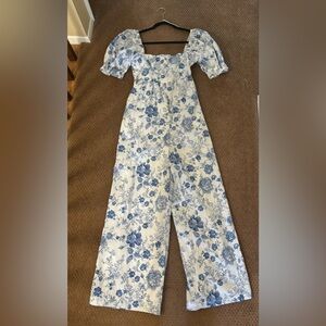 Short Sleeve Blue/White Floral Jumpsuit